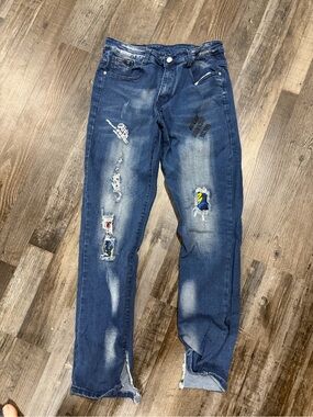 Men's Blue Straight Jeans with Distressed Patch Detail